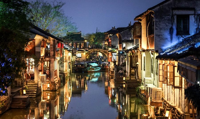 Night view of Zhouzhuang ancient town in Kunshan, E China's Jiangsu