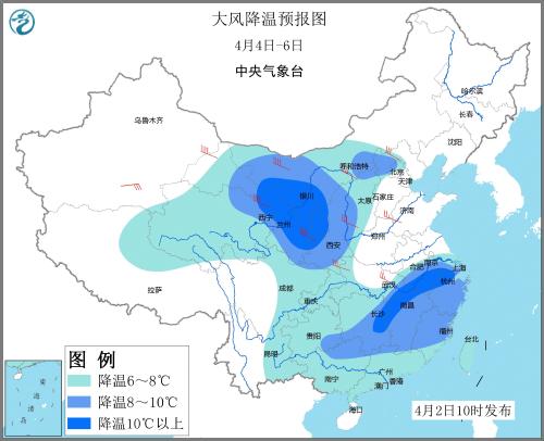 大风降温预报图(4月4日—6日)。图片来源：中央气象台